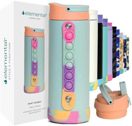 Elemental Iconic 414ml Triple-Wall Insulated Water Bottle with Straw – Sports-Lid & Pop Fidget Handle – Leakproof Stainless Steel Sports Water Bottle for Hot & Cold Drinks – Mint Sobret