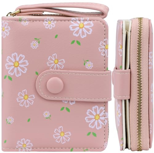 Farcauo Portemonnaie Damen Geldbeutel Frauen Geldbörsen Klein Damen Portemonnaie Mini Geldbörse Rosa Blumen Design Geldbörsen Frauen mit Ausweisfach und Kartenhüllen Klein Portmonee