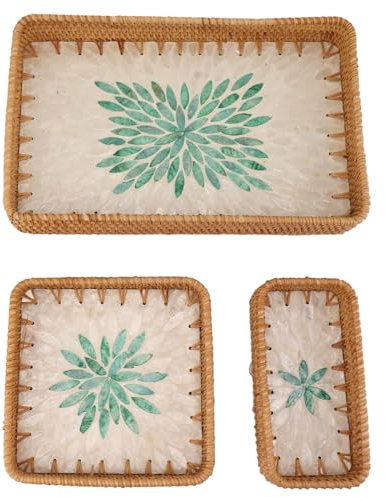 Handgewebtes Rattan-Organizer-Tablettt, 3-teilig, handgefertigter Weidenkorb, Ablagetabletts für Zuhause und Restaurant, rechteckiges Obsttablett mit Mehrzweck-Design, mittelgrünes Blattmuster.