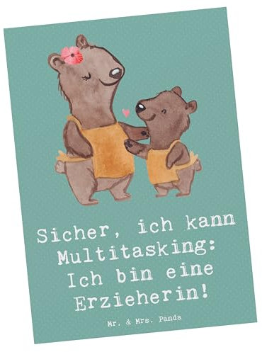 Mr. & Mrs. Panda bildkarte Erzieherin Multitasking - Geschenk, ehrlich, Grußkarte, Basteln, Kinderbetreuung, Postkarte, kreative Geschenke, Kunstkarten, Berufe, Ansichtskarte, Singen, Beruf, Fotokarte