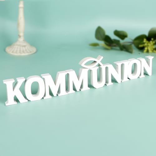 MEJOSER Kommunion Deko Holz 48x6cm Tischdeko Fisch Schriftzug Weiß Erstkommunion Junge Mädchen Deko Tisch