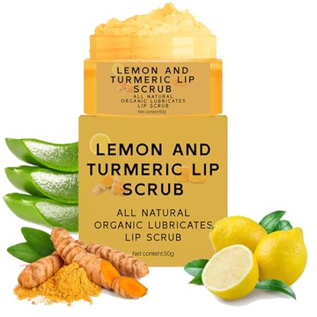 Natural Lip Scrub,Turmeric Lemon Lip Scrub,Exfoliating Lip Scrub with Aloe Vera,Turmeric Lemon Sugar Lip Scrub,Gentle Exfoliant for Chapped and Dry Lips Hydrates & Fade Lip Lines 50g