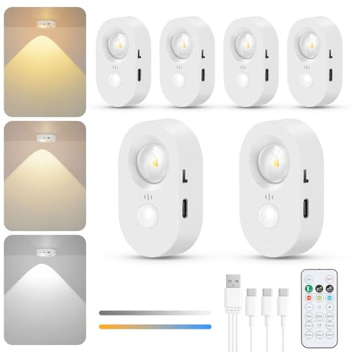 Lightsjoy 6 Stück LED Spot Akku mit Fernbedienung Kabellos Treppenlicht mit Bewegungsmelder Schrankbeleuchtung 3 Farbtemperaturen Dimmbar Vitrinenbeleuchtung USB Aufladbar Unterbauleuchte Küche Weiß