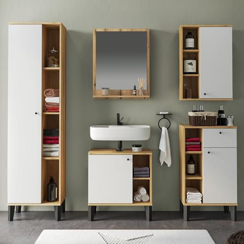 Lomadox Badmöbel-Set 5-teilig mit Waschbeckenunterschrank 60 cm, Hochschrank, Spiegel mit Ablage, in Eiche und weiß, modern