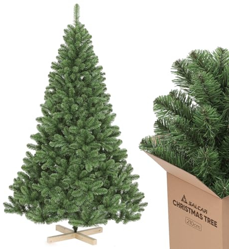 SALCAR 210 cm Künstlicher Weihnachtsbaum – Naturgetreu Weihnachtsbaum mit PVC-runder Spitze, Premium Nordmanntanne, 2,1 m Tannenbaum mit Holzständer