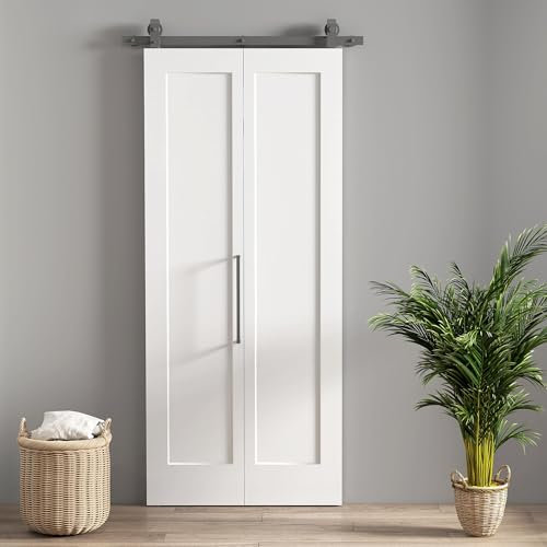 HOMCOM Puerta Corredera con Herrajes Puerta Plegable Corredera con Acabado Personalizable Tirador Fácil Montaje para Baño Salón Sala de Estar Cocina 90x210 cm Blanco