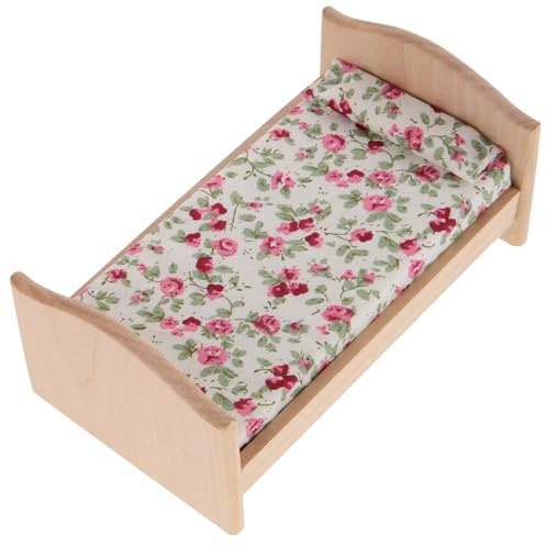 BESPORTBLE Puppenhaus Bett Holz, Miniatur Puppenbett Holz 1:12 Mini Puppen Holzmöbel Einzelbett Miniatur Möbel für DIY Schlafzimmer Wohnzimmer Zubehör