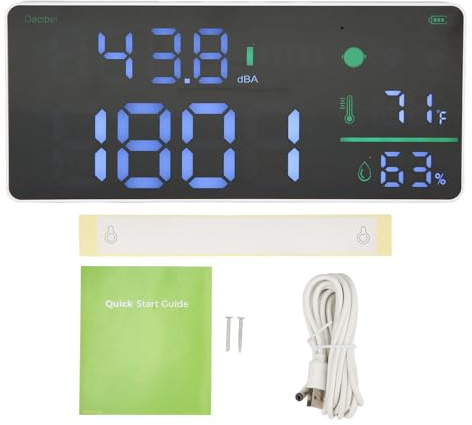 Medidor de Decibelios 4 en 1 con Pantalla LED de 11 Pulgadas, Sensor de Aire Semiconductor, Precisión Alta, Indicador de Temperatura y Humedad, Batería de Litio Recargable por USB,