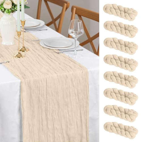 Tischläufer Beige, 90x300 cm 8 Stück Hochzeit Käsetuch Musselin Tischläufer Boho für Hochzeitsdeko, Babyparty Deko, Geburtstag, Party