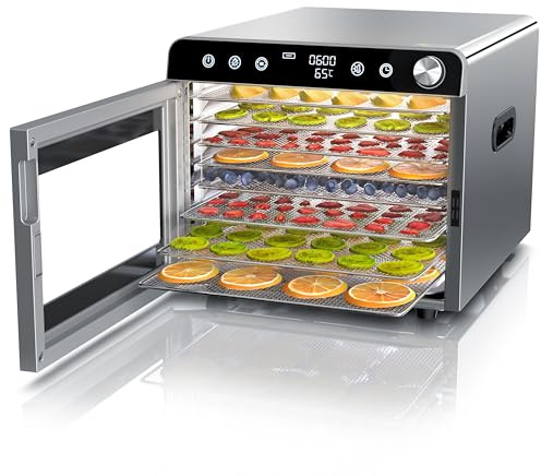 Arendo - Dörrautomat Edelstahl mit 8 Edelstahlgitter - 700 W - 30°-85°C - 8 Edelstahl Einlegetabletts mit insgesamt 6700 cm² - Dörrgerät Dehydrator Obsttrockner Dörrapparat - Obst Fleisch Pilze uvm