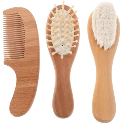 GNALIA Peine Bebé, 3 Unidades, Cepillo Peine Madera Natural 15Cm Largo X 4Cm Ancho, Marrón, Cerdas Suaves Cabra Para Bebés Niños Pequeños