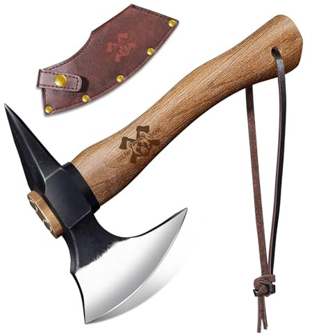 Beil Axt Wikinger - Handgeschmiedet Outdoor Survival Axt mit Leder Holster Carbonisierte Holzgriff für Camping und Wandern Short