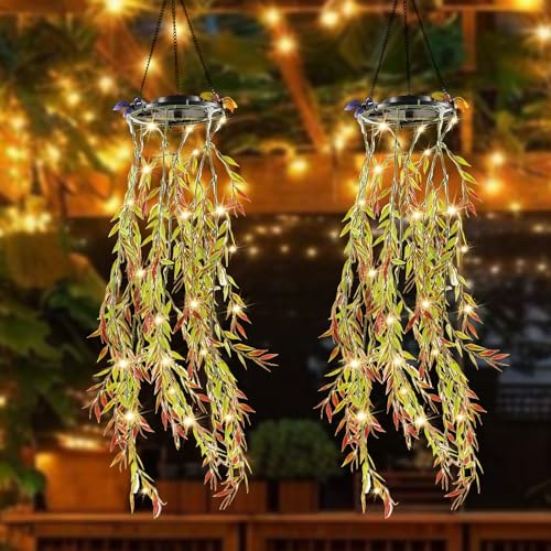 Sesaver 2Pcs Artificial Plant Solar Lantern Light, IP65 Waterproof Hanging Plant Solar Light with Hook, Ornaments Outdoor Garden Decorations for Wedding Patio Yard Porch Courtyard(Style 1)