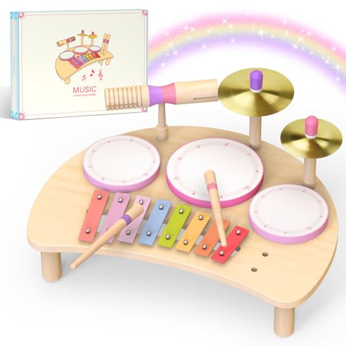Set di tamburi musicali per bambine da 1 a 3 anni | Montessori giocattolo musicale in legno a partire da 1 anno | kit tamburo per bambini con xilofono | giocattolo educativo perfetto come compleanno