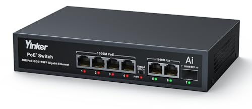 Yinker Switch PoE Gigabit 7 Porte 65W, 4 PoE+ 2 Uplink Gigabit + Slot SFP Fibra, Modalità 250m/VLAN, AI Recupero Automatico, Metallo Silenzioso per Videosorveglianza IP