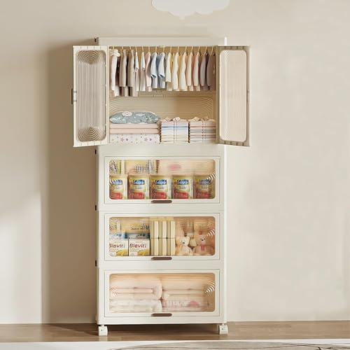 GarveeMore 4-stöckiger tragbarer Kinder-Kleiderschrank mit Türen – Faltbarer Kunststoff-Schrank mit Kleiderstange & 10 Bügeln – Rollbar, staubdicht, ideal für Schlafzimmer, Kinderzimmer, Spielzimmer –