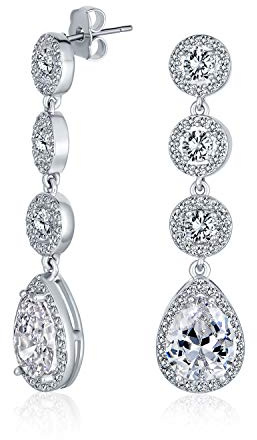 Pendientes de Araña en Forma de Lágrima con Triple Halo Redondo Pavé CZ de Declaración de Moda Clásica de Joyería Nupcial para Mujeres Boda Prom Plateado