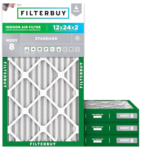 Filterbuy Filtro dell'aria MERV 8 Dust Defense (confezione da 4), 12 x 24 x 2, ricambio filtri dell'aria per forno AC (dimensioni effettive: 11.38 x 23.38 x 1.75 pollici)