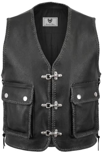 German Wear Lederweste Herren Motorrad Leder Kutte Karabiner Bikerweste Motorradweste geflochten