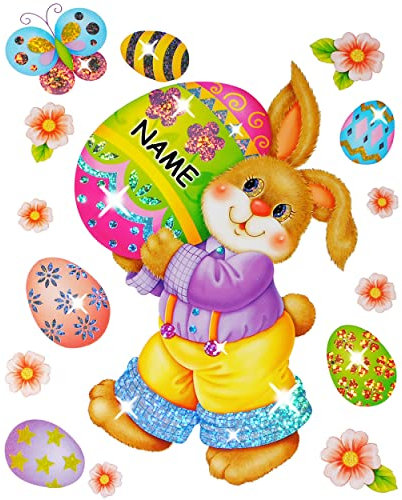 alles-meine.de GmbH 2 versch. Bögen XL Fenstersticker - Osterhase & Frühling - 3-D Glimmer Effekt - incl. Name - statisch haftend - selbstklebend + wiederverwendbar/Oster..
