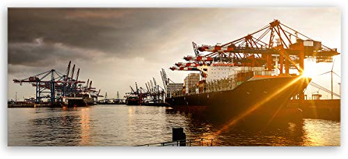 ge Bildet Bild auf Leinwand | Hamburger Hafen in 120x50 cm als Panorama Wandbild XXL | Wand-deko Dekoration Wohnung modern Bilder | 1247