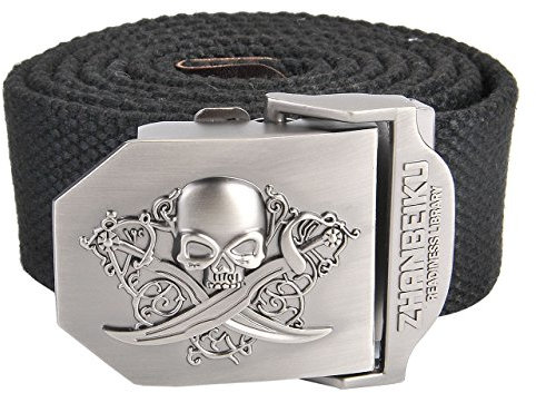 Faleto Herren Militär Gürtel Stoffgürtel mit Schädel Totenkopf Schnalle Leinwand Canvas Jeansgürtel Belts 140cm + Original Geschenkbox, Schwarz, 140cm Fit Taillen 115-122cm