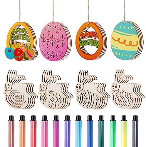 LIHAO 44 Tlg Holzanhänger Ostern Deko mit Schnur DIY Basteln zum Bemalen Holz Anhänger für Kinder Ostereier Osterhase(MEHRWEG)