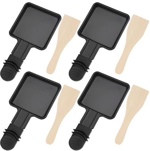 4 Stück Pfännchen für Raclette, Antihaftbeschichtet Grill Pfännchen, Viereckig Mini Raclette mit 4 Holzschaufel für Raclette Grill Zubehör
