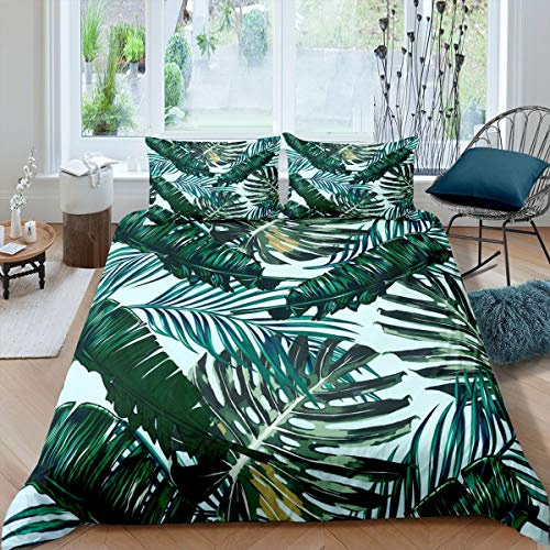 Homemissing Set copripiumino con foglie tropicali con stampa di foglie botaniche, set di biancheria da letto verde pianta, rami, decorazioni botaniche, 2 pezzi