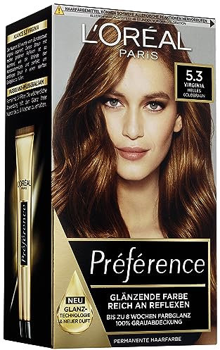 L'Oréal Paris Permanente Haarfarbe, Haarfärbeset mit Coloration und Farbglanz-Pflegebalsam, Préférence, 5.3 Helles Goldbraun (Virginia)