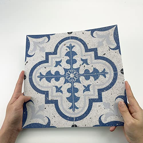 Alwayspon Stickers de carrelage en vinyle pour sol, carrelage en vinyle épais imperméable et antidérapant, autocollant à coller et à peler, 30x30cm/12x12pouces, Bleu ciment portugais