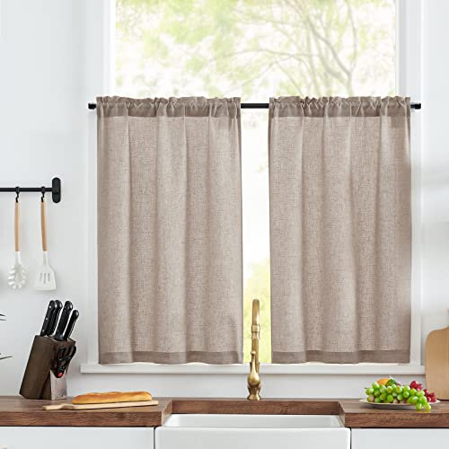 TOPICK Linen Blend Kitchen Curtains, 36 Inch Drop Small Cafe Curtains, Solid Pattern Light Filtering Short Curtain Tiers for Bathroom Sink Cupboard, Rod Pocket 2 Panels Taupe