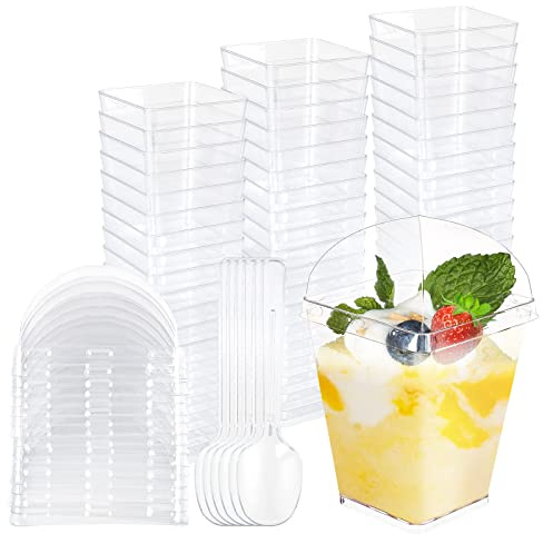 STARVAST 100 Stück Desserttassen mit Deckel und Löffeln, 150ML/5OZ Quadratischer Dessertbechern Set, Wiederverwendbar Plastik Dessertbecher für Dessertparty Pudding Mousse Eis