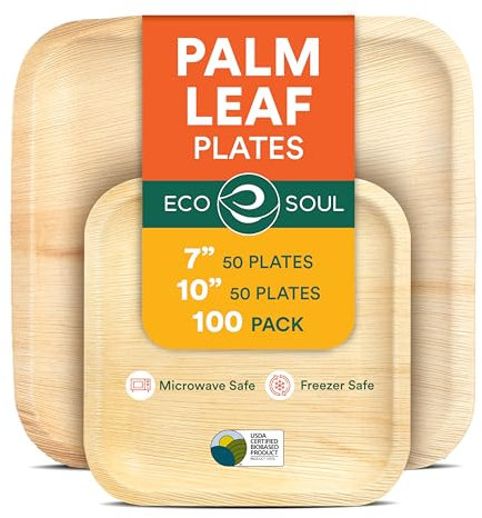 ECO SOUL 100 Palm Leaf Plates Square| 50 Large Dinner Plates, 50 Small Appetizer Plates|Eco-Friendly Compostable Bamboo Plate Disposable Dinnerware for Christmas Dinner, Party & Wedding