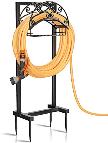 Gayuteay Garden Hose Holder - Upgraded Water Hose Holder Stand with Storage Basket Holds 151ft, Heavy Duty Freestanding Garden Hose Hanger Storage Rack for Outside Yard Lawn Farm