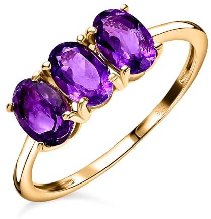 TJC Three Stone Trilogy Ring for Women 925 Sterling Silver 18K Yellow Gold Vermeil Plated, Amethyst February Birthstone Anniversary Engagement Promise Ring Jewellery Gift for Her Size P