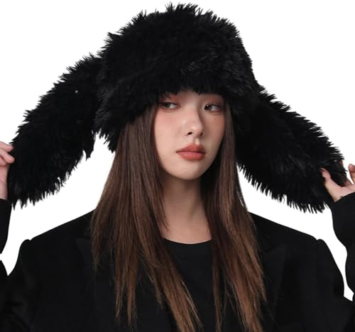 Reheyre Fuzzy Bunny Hut für Frauen Flauschige Gemütliche Plüsch Beanie mit langen Hasenohren Wintermütze Totenkopf Caps Outdoor