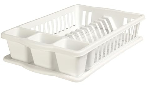 White Plastic Dish Drainer with Drip Tray Plate Cutlery Rack Kitchen Sink Utensil Draining Cup Holder Dish Drying Washing Up Storage Tray for Kitchen Sink Counter Top Rectangular