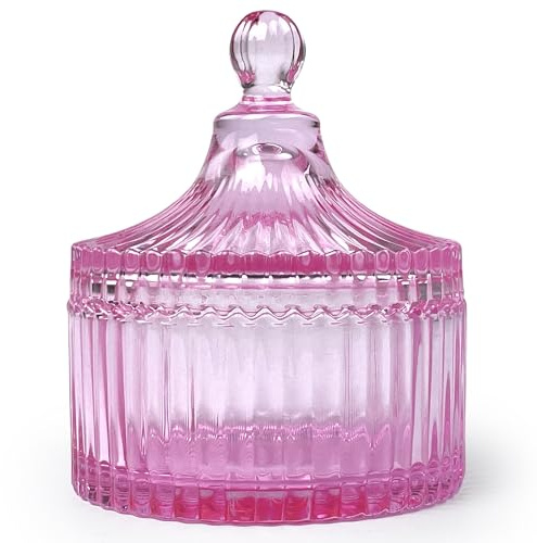 YILUSHENGHUA Colorful Glass Jar With Lid,Candy Cookie Jars,Valentine Easter Candy Dish,Jewelry Box,Cutecore Room Decor,Biscuit Containers Food Storage(Pink)