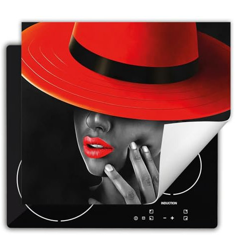 DarHaus Herdabdeckplatte Einteilig Küche Herdabdeckung Ceranfeld Herdabdeckplatten Anti Rutsch Matte Aufrollbar 60x52 cm, rot - schwarz - Frau