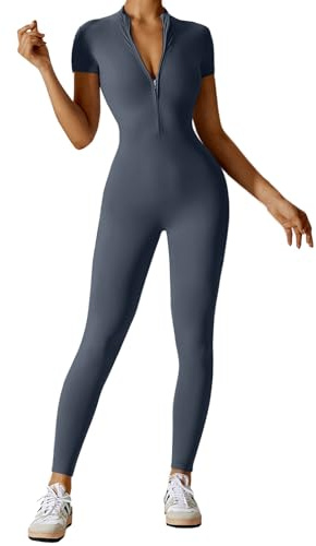 Litthing Mono de Yoga Mujer Ropa Deportiva con Cremallera Mangas Cortas Traje Una Pieza Jumpsuit Sexy Elásticos Largo Body Overol de Gimnasio Entrenamiento Fitness Running