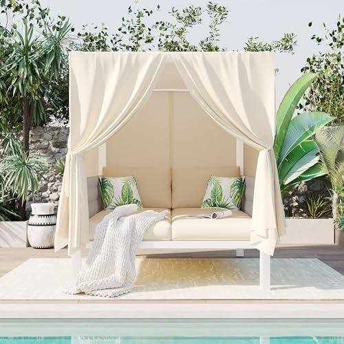 LUMISOL Patio Rattan Sunbed with Curtains, Outdoor Canopy Daybed Patio Sunbed with Retractable Canopy, High Comfort, Suitable for Multiple Scenarios, Beige