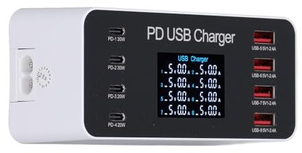65-W-USB-C-Ladegerät, 8-Port-Desktop-USB-Ladestation, Multi-Port-Reise-Schnelllade-Hub mit LCD-Display, QC3.0 PD30W Kompaktes Desktop-Ladegerät für Mehrere Geräte (EU-Stecker)