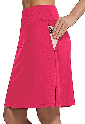 baleaf Jupe de Tennis pour Femme - Longueur Genou - Taille Haute - Jupe de Golf - Jupe d'extérieur avec Poche, Rose, XL