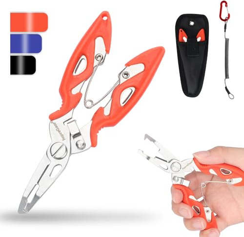supregear Mini Fishing Pliers, Multi-Function Stainless Steel Tools with Split Ring Opener, Fish Hook Remover, Line Cutter, Sheath, Lanyard, Saltwater Resistant Fishing Gear Accessories, Orange