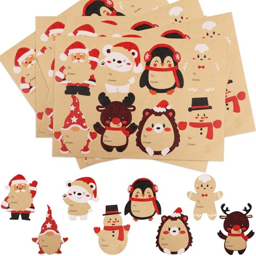 DERAYEE Autocollants de Noël Kraft pour Cadeaux 120PCS,Papiers Cadeaux Autocollant Noël,Étiquettes Autocollantes Pour Noël Cadeaux