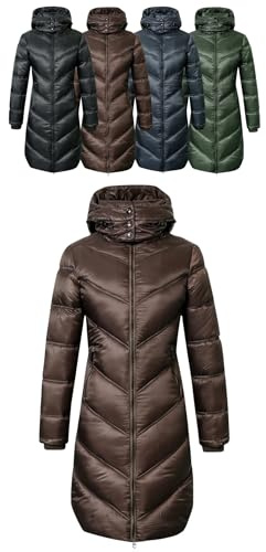 Covalliero - Damen Steppmantel | Wintermantel mit Kapuze | Reitmantel mit Reitschlitz | wasserabweisender Damen Mantel mit üppiger Wattierung | Reitbekleidung in Coffee | Größe M