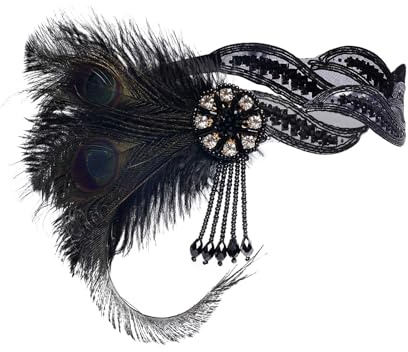 Lufdegim 1920s Stirnband Damen Kopfschmuck, 20er jahre Gatsby Haarband Pfau Feder Kostüm Accessoires 20er Jahre Accessoires Flapper Deco Damen für Karneval Fasching Kostüm Hochzeit