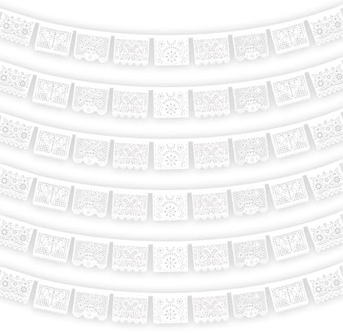 White Papel Picado Banner - 6 Packs 108Ft Plastic Mexican Wedding Decor, Fiesta Party Decorations for Cinco de Mayo, Baby Shower, Dia de Los Muertos, Cielito Lindo Theme, All White Party Decor