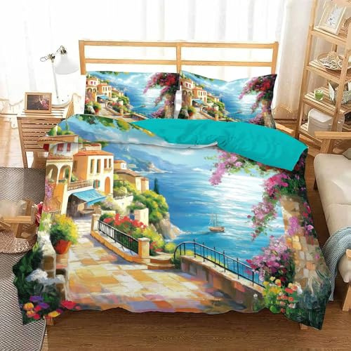 Reversibel Bettwäsche 135X200 Winter Retro-Ölgemälde Bettwäsche Wintermotiv Stadt, Meer Weihnachts-Bettwäsche 135X200 + 80X80 Cm - Winterbettwäsche Microfaserwendebettwäsche Warme Kissenbezug